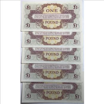 Set of 5 Consecutive Serial Numbered 4th Series British Armed Forces One Pound Notes - Crisp Uncirculated