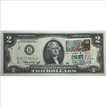 1976 $2 Federal Reserve Note - Bicentennial Commemorative 10c Stamp - New York - Crisp Uncirculated Condition