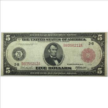 Rare 1914 $5 Red Seal Federal Reserve Note - New York - Burke/McAdoo Signatures