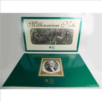 Crisp Uncirculated Series 1995 $2 Millennium Note - Federal Reserve Bank of St. Louis -- This is a Unique Series That Begins with the Serial Number of 2000 - Protected in Plastic Sleeve within a an Informational Card