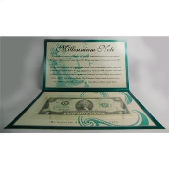 Crisp Uncirculated Series 1995 $2 Millennium Note - Federal Reserve Bank of St. Louis -- This is a Unique Series That Begins with the Serial Number of 2000 - Protected in Plastic Sleeve within a an Informational Card