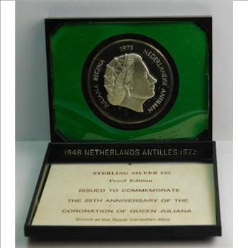 1973 Netherlands Antilles Silver 25 Gulden - 25th Anniversary of the Coronation of Queen Juliana - Proof Condition in Original Royal Canadian Mint Packaging - Low Mintage of Only 20,207!!!