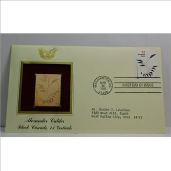 22K Gold Proof Replica Stamp - Alexander Calder - Black Cascade, 13 Verticals - Golden Replicas of United States Stamps - FDC