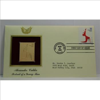 22K Gold Proof Replica Stamp - Alexander Calder - Portrait of a Young Man - Golden Replicas of United States Stamps - FDC