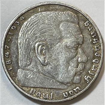 1936A Germany SILVER 5 Reichsmark Paul Von Hindenburg Commemorative Coin