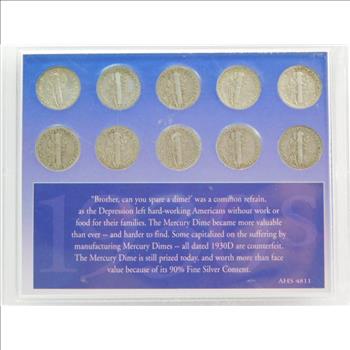 TEN 1930's SILVER Mercury Dimes Custom Holder 