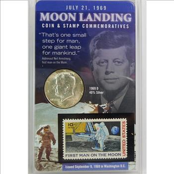 1969-D Brilliant Uncirculated 40% Silver Kennedy Half Dollar - In Nice Plastic Sealed Holder from the Coin & Stamp Commemoratives - Also Included is a 10c Stamp Commemorating the Moon Landing July 21, 1969
