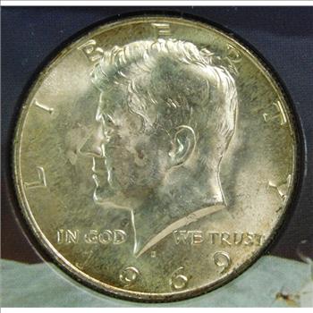 1969-D Brilliant Uncirculated 40% Silver Kennedy Half Dollar - In Nice Plastic Sealed Holder from the Coin & Stamp Commemoratives - Also Included is a 10c Stamp Commemorating the Moon Landing July 21, 1969