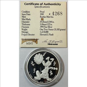 RARE 1 oz .999 Fine Silver 1989 Disney Mickey Mouse and Pluto Proof Commemorative Coin w/COA - Only 10,000 Minted