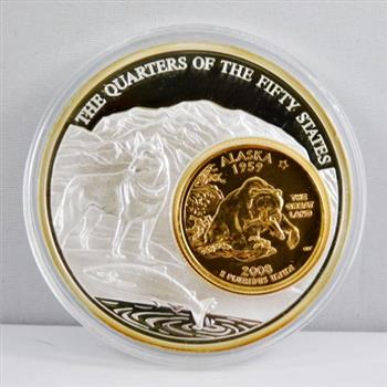 24K Gold Layered 2008 Alaska State Commemorative State Quarter - Encased in Silver Plated Copper Ring - 2