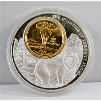 24K Gold Layered 2007 Montana State Commemorative State Quarter - Encased in Silver Plated Copper Ring - 2