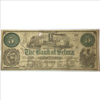 Replica 1862 $5 Bank of Selma, Alabama Obsolete Note