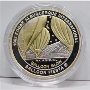 1993 Albuquerque Kodak International Balloon Fiesta - 1 oz. .999 Fine Silver with 24K Gold Highlights - 7th Annual Balloon Glow - Numbered COA and Gift Box with Original Cover Box