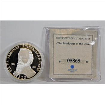 .999 Fine Silver $20 Rutherford B. Hayes Commemorative Proof Silver Coin - 20 Grams - Low Mintage of 20,000