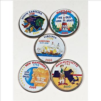 All Five 2000 Colorized Commemorative State Quarters*Mass., New Hamp., Virginia, Maryland and N. Carolina