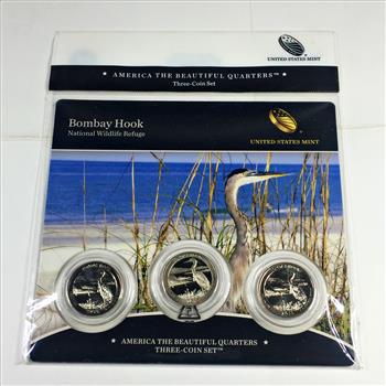 America the Beautiful 3 25c Coin Set*Bombay Hook National Wildlife Refuge*In Original US Mint Packaging with COA