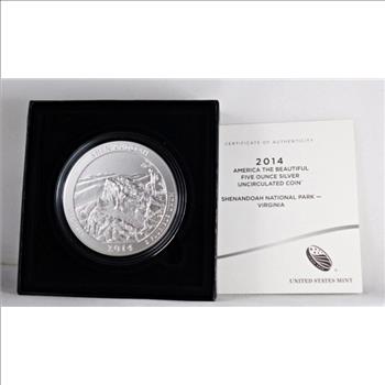 America The Beautiful Five Ounce Silver Uncirculated Coin*Shenandoah National Park*In Original Mint Packaging