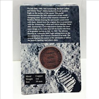 Apollo 11 50th Anniversary Commemorative Copper Medallion*Armstrong, Collins, Aldrin*1969*39mm*In Sealed Packet