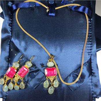 Beautiful Set of Ruby and Aquamarine Costume Jewelry Set*Matching Necklace and Earrings For Pierced Ears*Stauer
