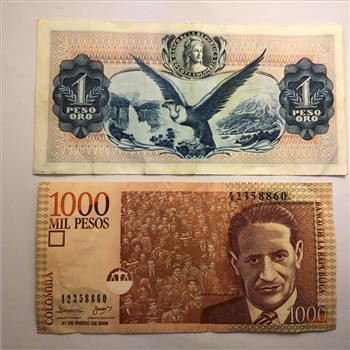 Colombia 1000 Pesos and 1 Peso Banknotes in Protective Sleeve