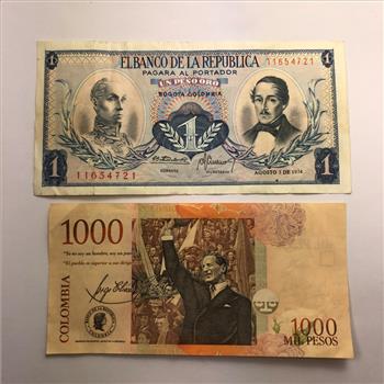 Colombia 1000 Pesos and 1 Peso Banknotes in Protective Sleeve