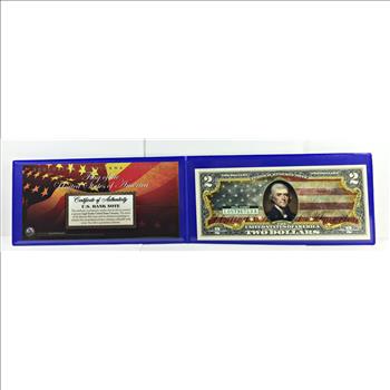 Colorized $2 Federal Reserve Note Commemorating the Flag of the United States of America*In Protective Portfolio