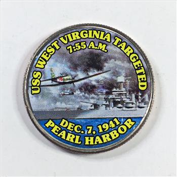 Colorized Kennedy Half Dollar Commemorating the Attacking of USS West Virginia Pearl Harbor Dec. 7, 1941; 7:55 AM