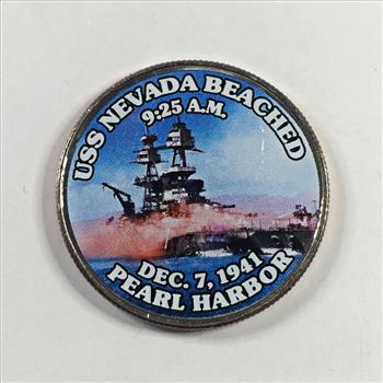 Colorized Kennedy Half Dollar Commemorating the USS Nevada Beaching at 9:25AM at Pearl Harbor on Dec 7, 1941