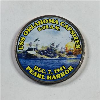 Colorized Kennedy Half Dollar Commemorating the USS Oklahoma Capsizing 8:08AM at Pearl Harbor on Dec 7, 1941