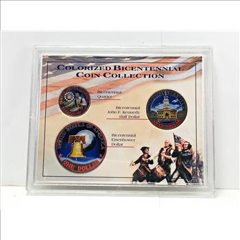 Colorized US Bicentennial Coin Collection: Eisenhower Dollar, Kennedy Half Dollar and Washington Quarter