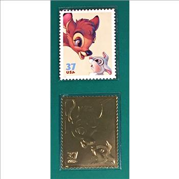 Disney Friendship*22K Gold Foil Stamp of Bambi & Thumper + Original 37c Postage Stamp on 10