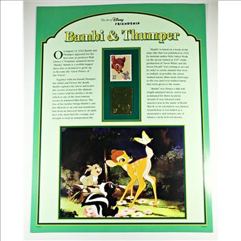 Disney Friendship*22K Gold Foil Stamp of Bambi & Thumper + Original 37c Postage Stamp on 10