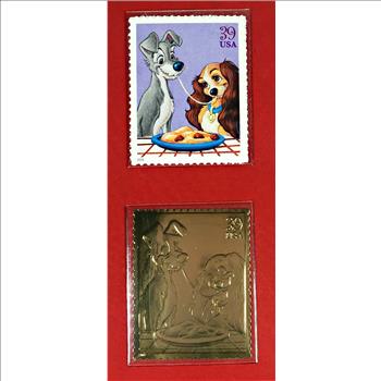 Disney Romance*22K Gold Foil Stamp of Lady & The Tramp + Original 39c Postage Stamp on 10