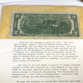 First Day of issue $2 Bicentennial Commemorative Federal Reserve Note Crisp Uncirculated Sealed Since 1976!