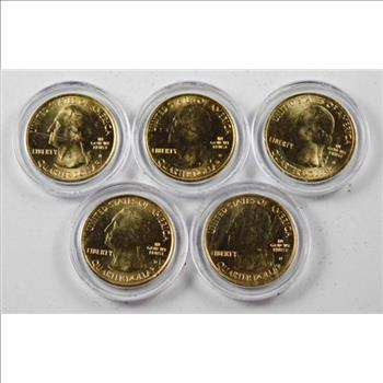 Five 24K Gold Layered Commemorative Quarters: Gettysburg,Glacier,Olympic,Vicksburg,Chickasaw