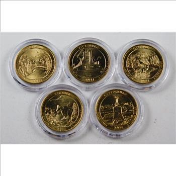 Five 24K Gold Layered Commemorative Quarters: Gettysburg,Glacier,Olympic,Vicksburg,Chickasaw