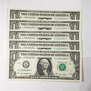 Five (5) Series 2013 $1 FRN; Dallas, TX*CONSECUTIVE NUMBERED STAR NOTES *Crisp Uncirculated