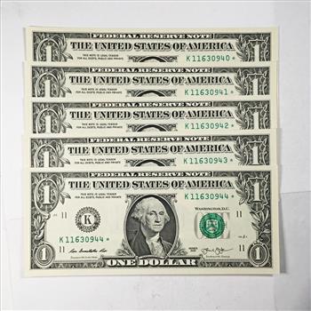 Five (5) Series 2013 $1 FRN; Dallas, TX*CONSECUTIVE NUMBERED STAR NOTES *Crisp Uncirculated