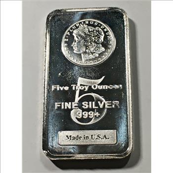 Five (5) Troy Ounce .999+ Proof Silver Bar*Made in the USA*Morgan Dollar Design on Front of Bar