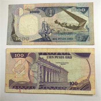 Foreign Currency Lot of Two Notes in Protective Sleeve Bogota Colombia