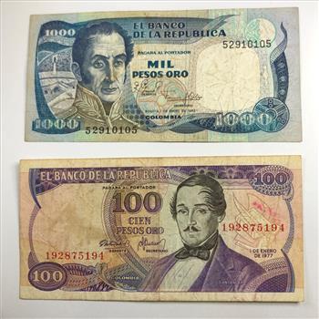Foreign Currency Lot of Two Notes in Protective Sleeve Bogota Colombia