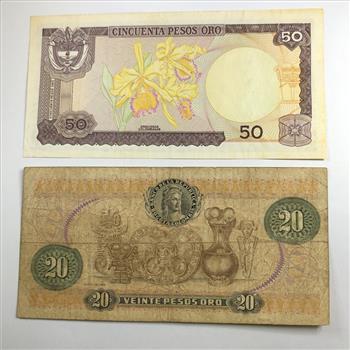 Foreign Currency Lot of Two Notes in Protective Sleeve Colombia