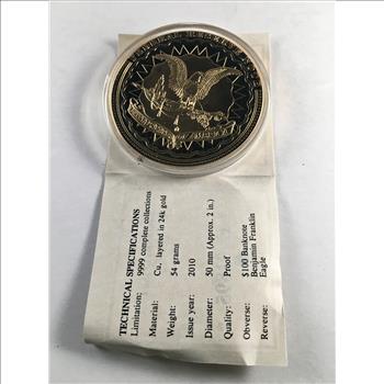 Franklin $100 Banknote 24K Gold Layered Commemorative Medallion*2010 Proof*50mm in Protective Capsule