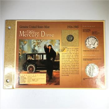 Genuine United States Mint Display Board featuring Silver Mercury Dime