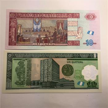 Guatemala 10 Quetzales and 1 Gquetzal Crisp Uncirculated Banknotes in Protective Sleeve