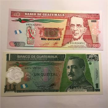 Guatemala 10 Quetzales and 1 Gquetzal Crisp Uncirculated Banknotes in Protective Sleeve