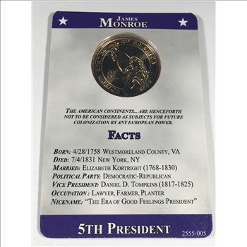 James Monroe Presidential Commemorative Dollar*Brilliant Uncirculated*Facts Card