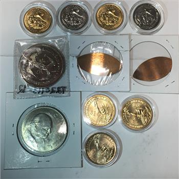 Large lot of Commemorative Quarters & Presidential Dollars*Two Pressed Lincoln Cents and Great Britain Winston Churchill Crown
