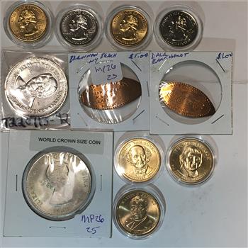 Large lot of Commemorative Quarters & Presidential Dollars*Two Pressed Lincoln Cents and Great Britain Winston Churchill Crown