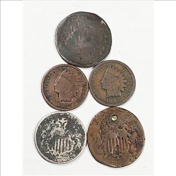 Late 1800's Type Lot: 2 Cents, Half Cent , Shield Nickel and Two Indian Head Cents